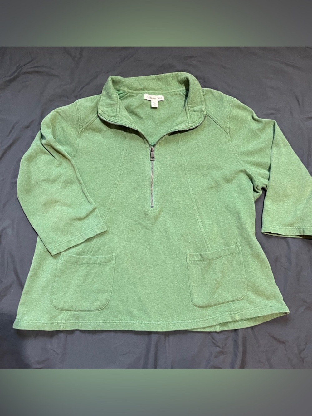Coldwater Creek Sweater Women XL Green Fleece 1/4 Zip Pullover Pocket 3/4 Sleeve